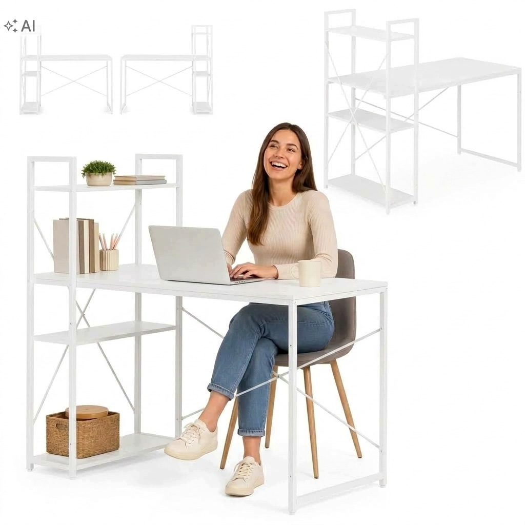 Biurko Komputerowe Szkolne 120x60cm Z Regałem Loft Dwustronne Półki Białe