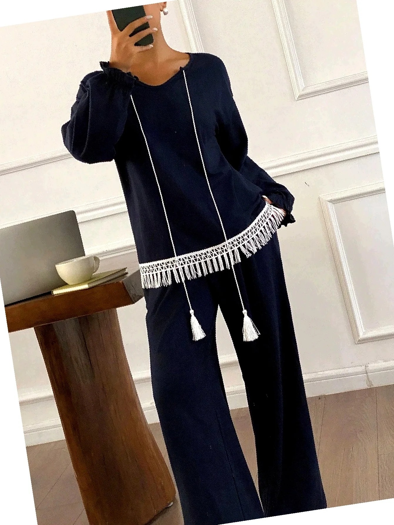 Komplet Pohodlný Oversize Třásně s kalhotami Bohemian Tmavě modrý S 36