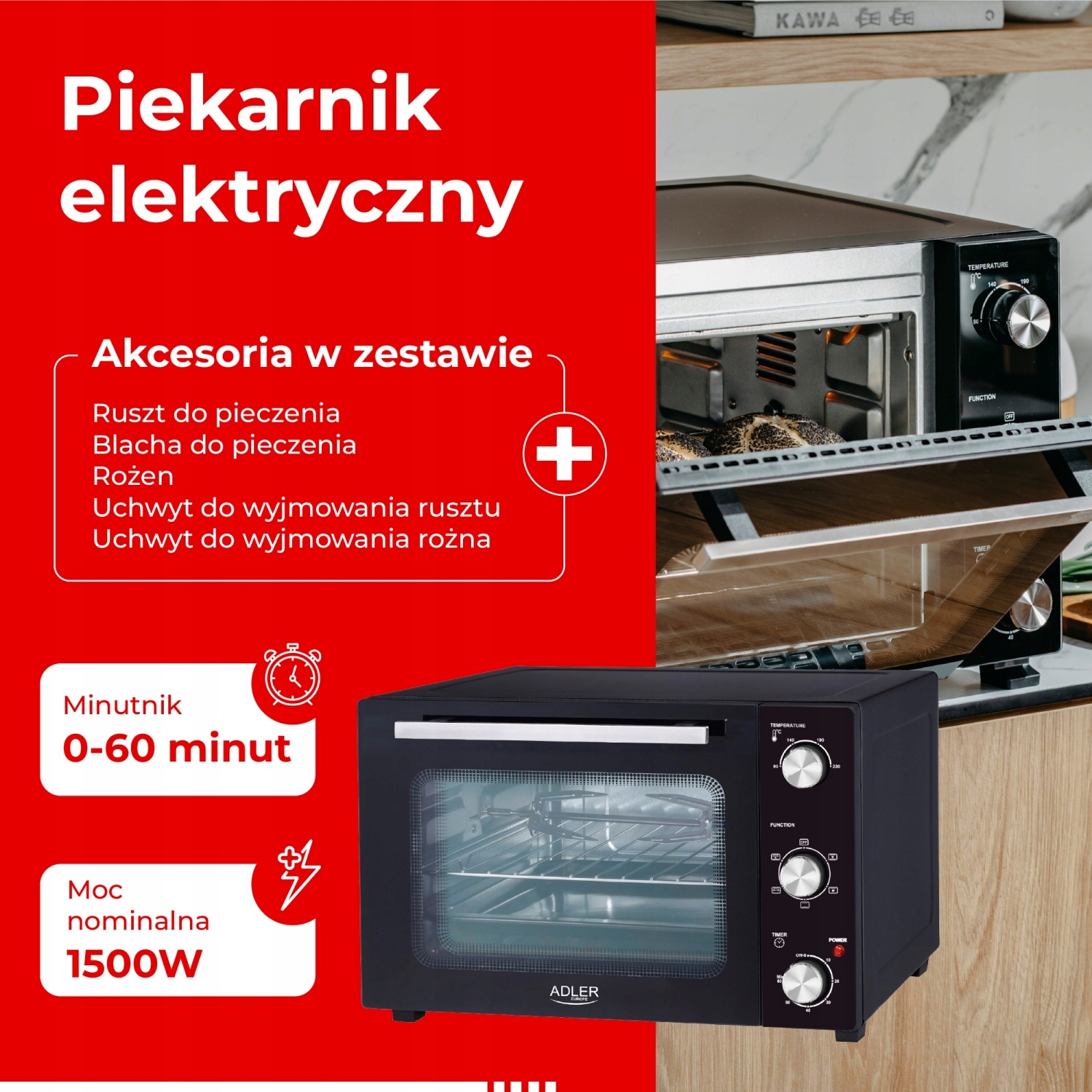 Piekarnik elektryczny Adler AD 6026 48L z konwekcją i rożnem
