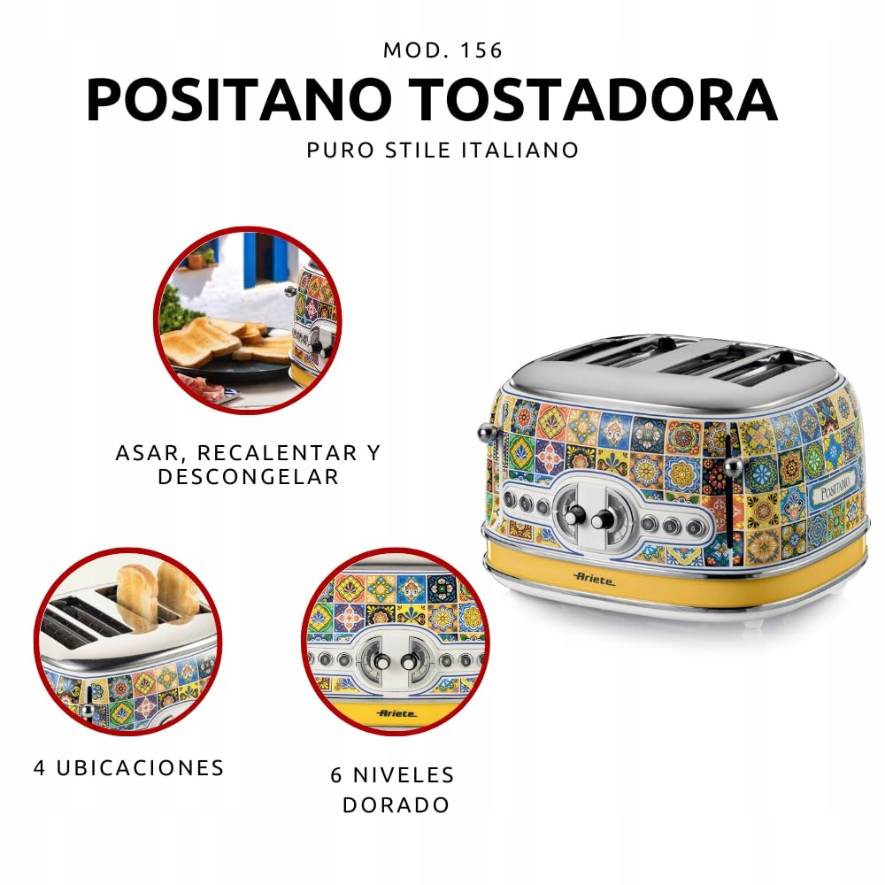 ARIETE Toster 156 Positano 4 Kromki 6 Stopni Opiekania 1630W — miniatura 5
