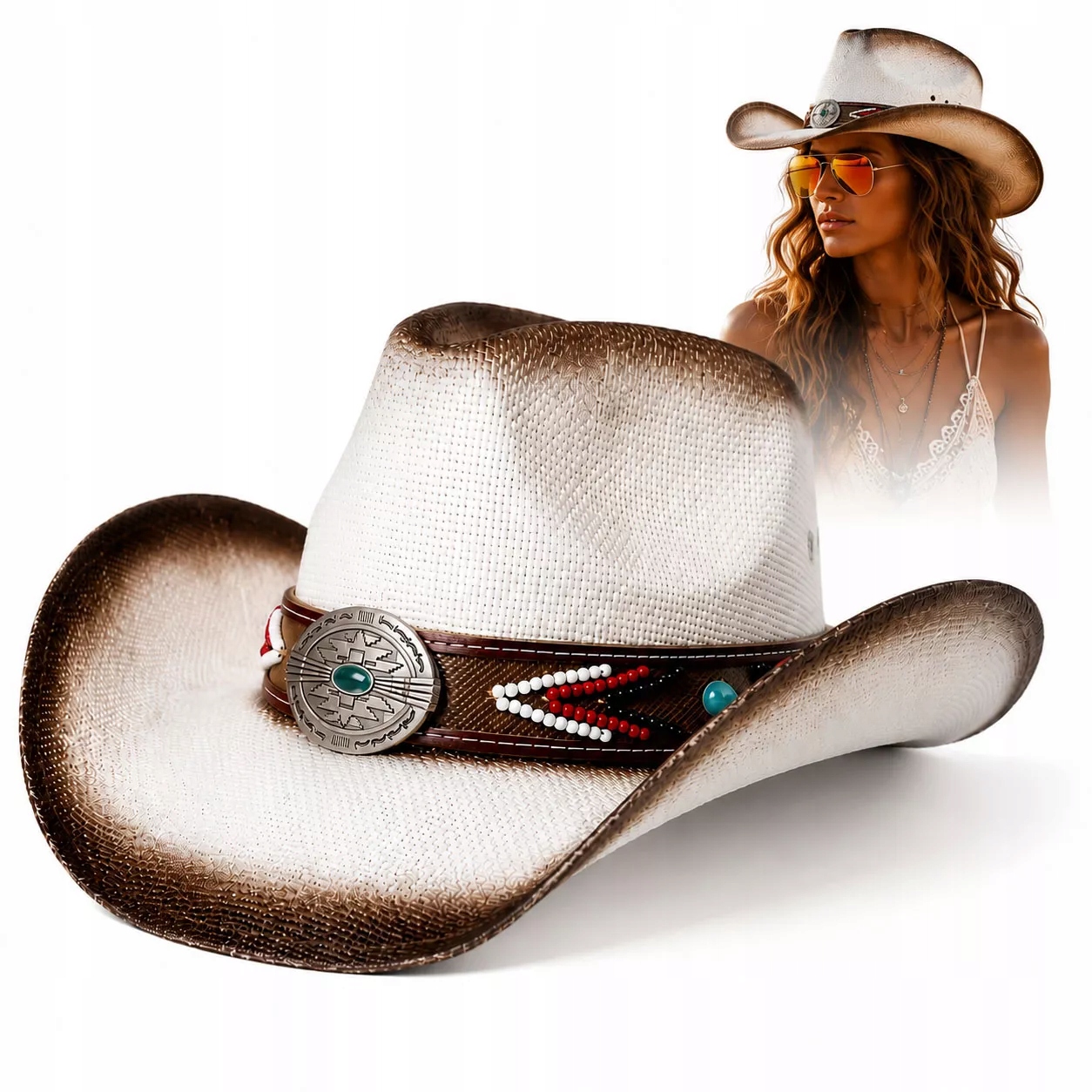 Bílý kovbojský klobouk pro ženy Boho Western Pilotky R253A Festival Léto