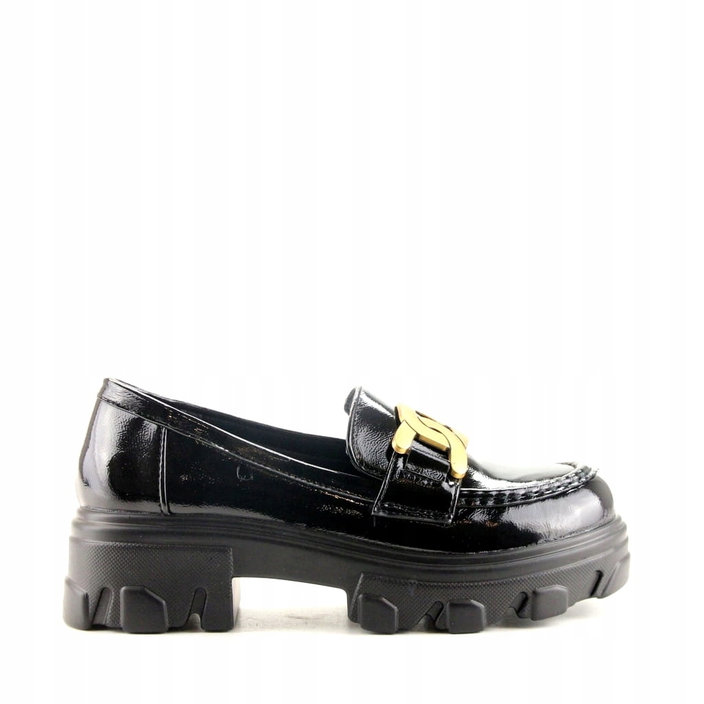 DAMSKIE HIT MOKASYNY Z ŁAŃCUCHEM 16370 CZARNE LAK 40