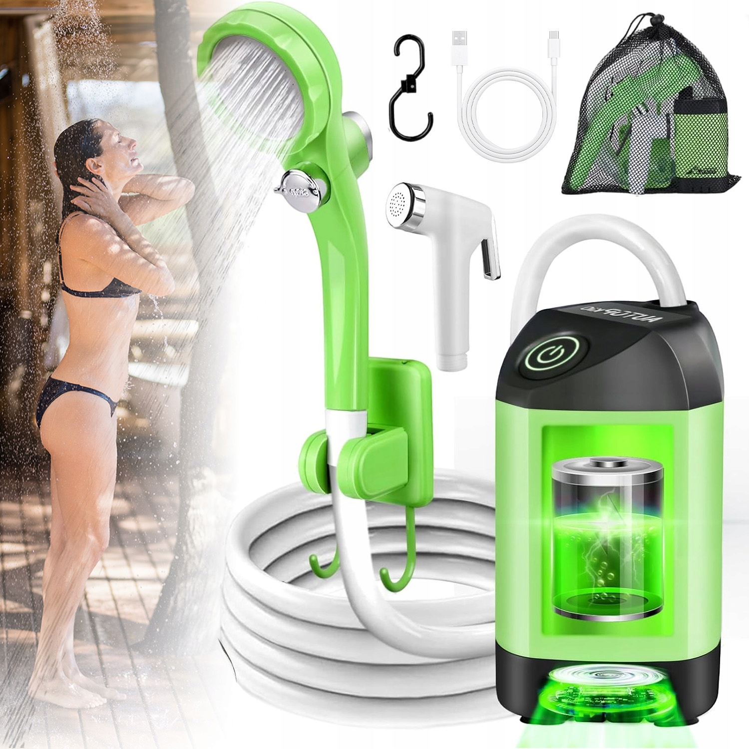 Turistická Sprcha S Pumpičkou Kempingová Přenosná 4800MAH S LCD Zelená