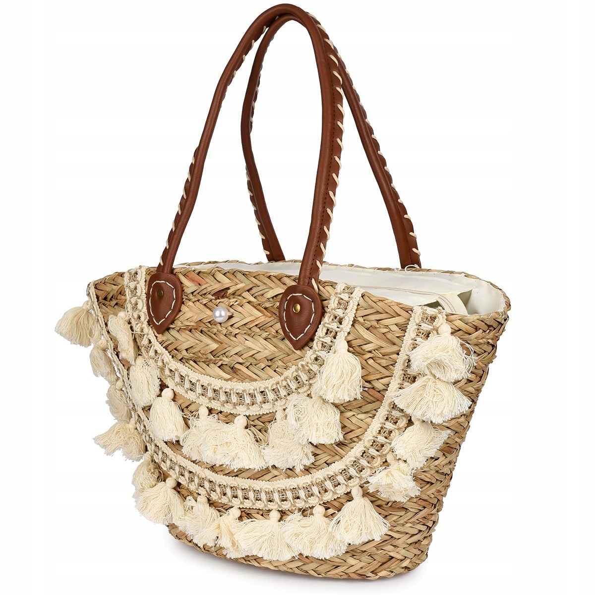 Beżowy duży kosz Torba damska na lato boho koszyk słomiany