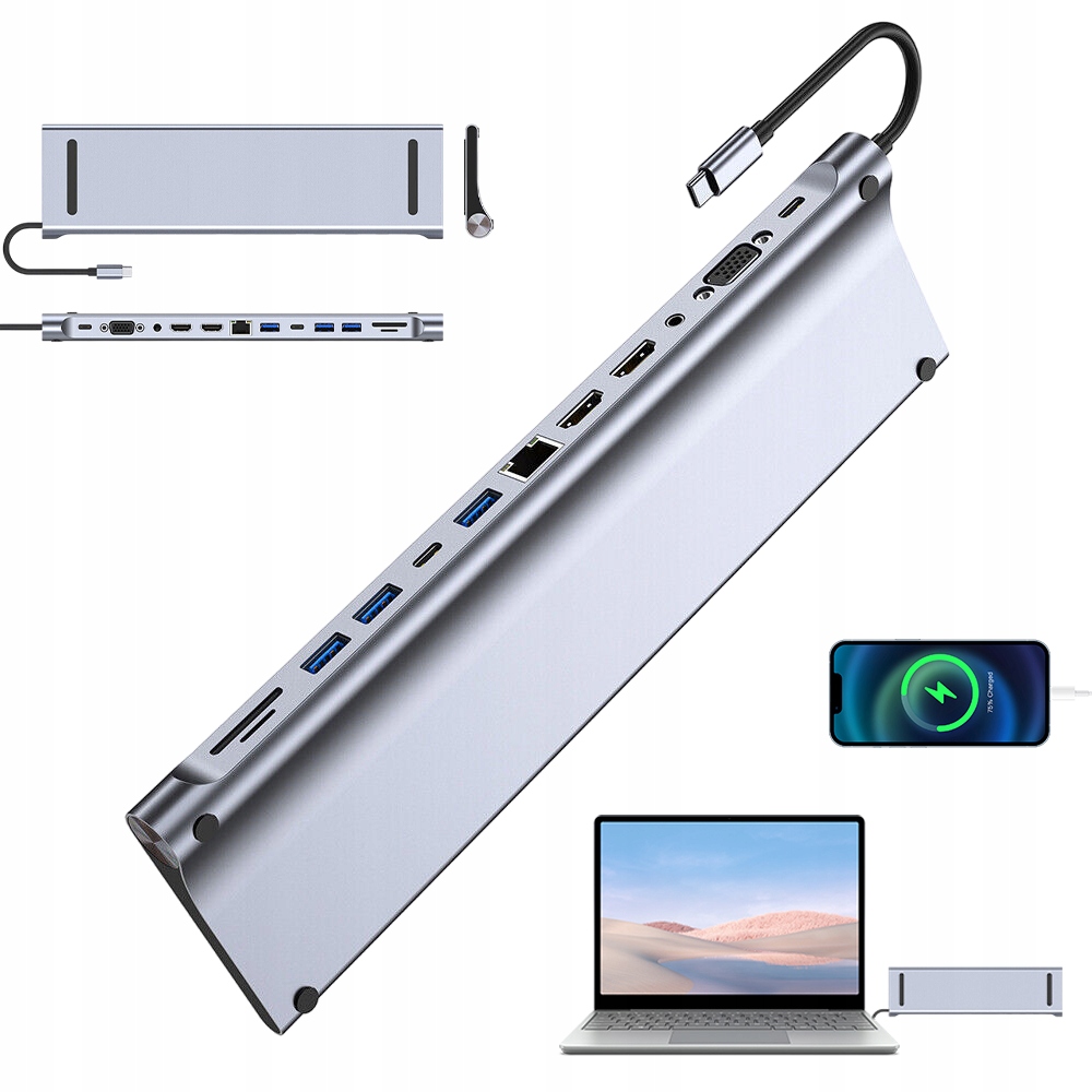Dokovací Stanice Hub 12V1 Usb-c 2x Hdmi 4K Vga RJ45 Sd Tf Pro Notebook MacBook