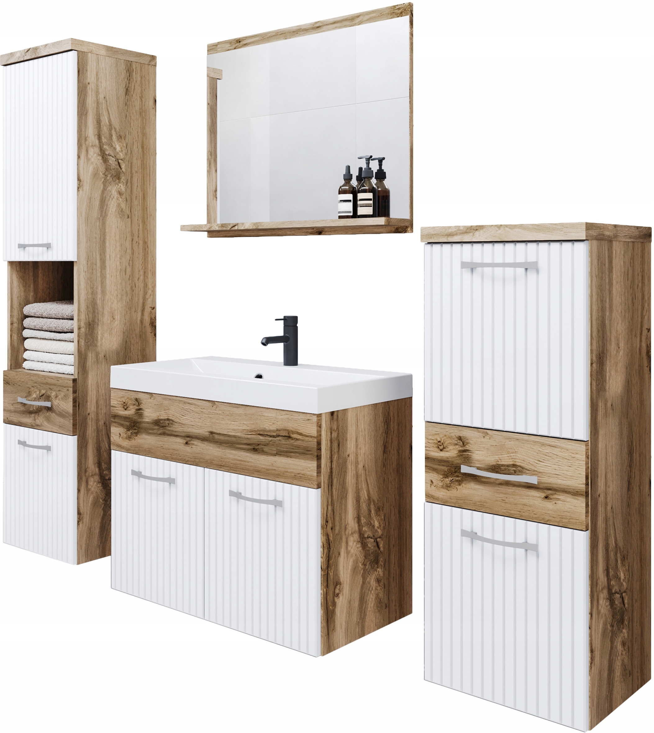 Meble łazienkowe ALBA DĄB WOTAN / BIAŁE RYFLE MDF, lustro, umywalka