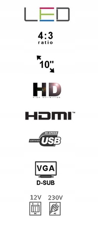 MONITOR LED HD 10" HDMI VGA USB AV BNC 12V 230V Montaż wolnostojący