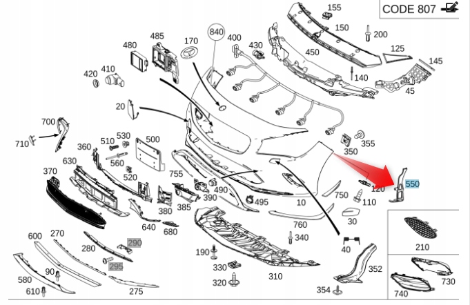 MOCOWANIE SLIZG ZDERZAKA CLA AMG C117 PRZOD LEWY Installation side Front