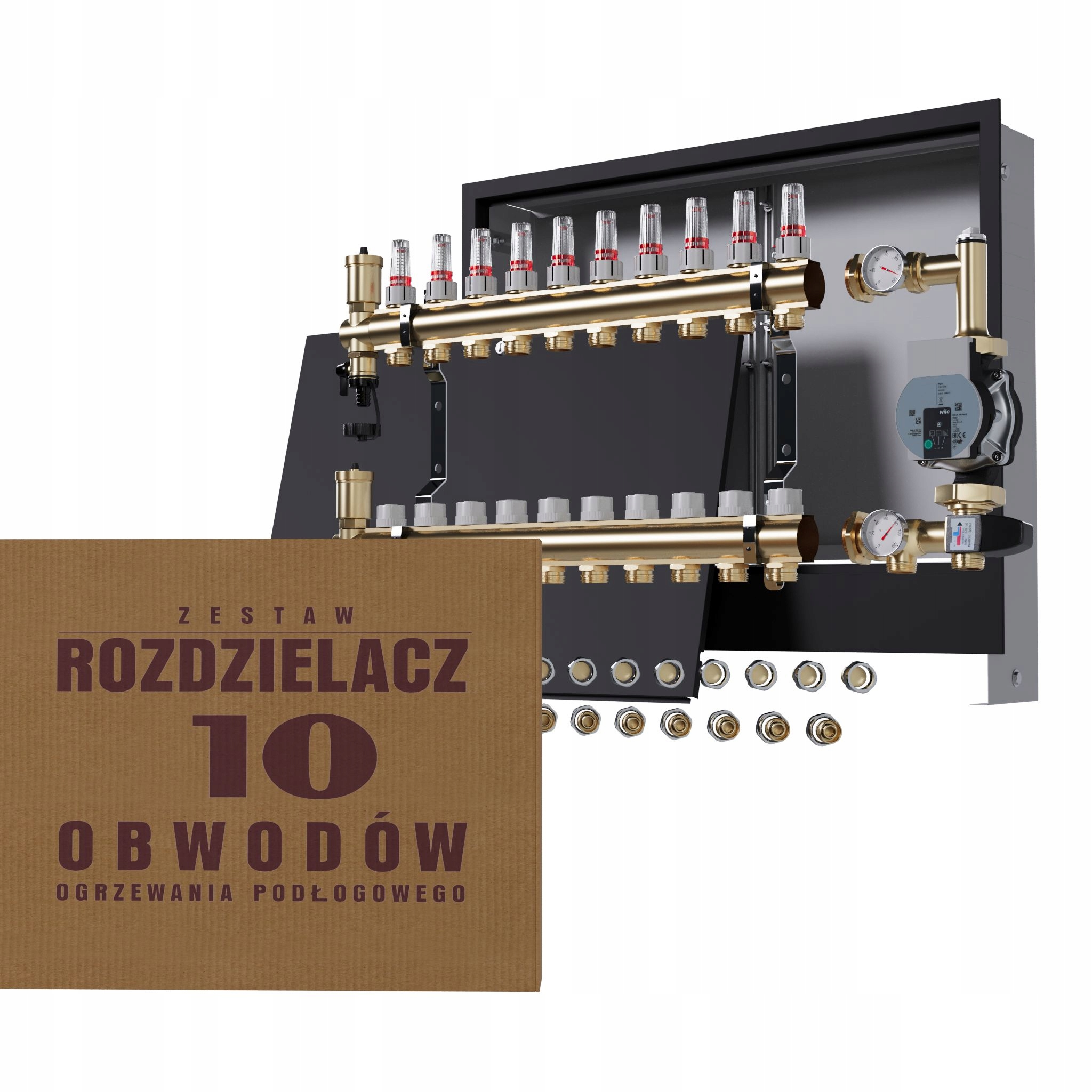 Rozdělovač pro podlahovku 10 okruhů s čerpadlem Wilo podomítkový černý Pex
