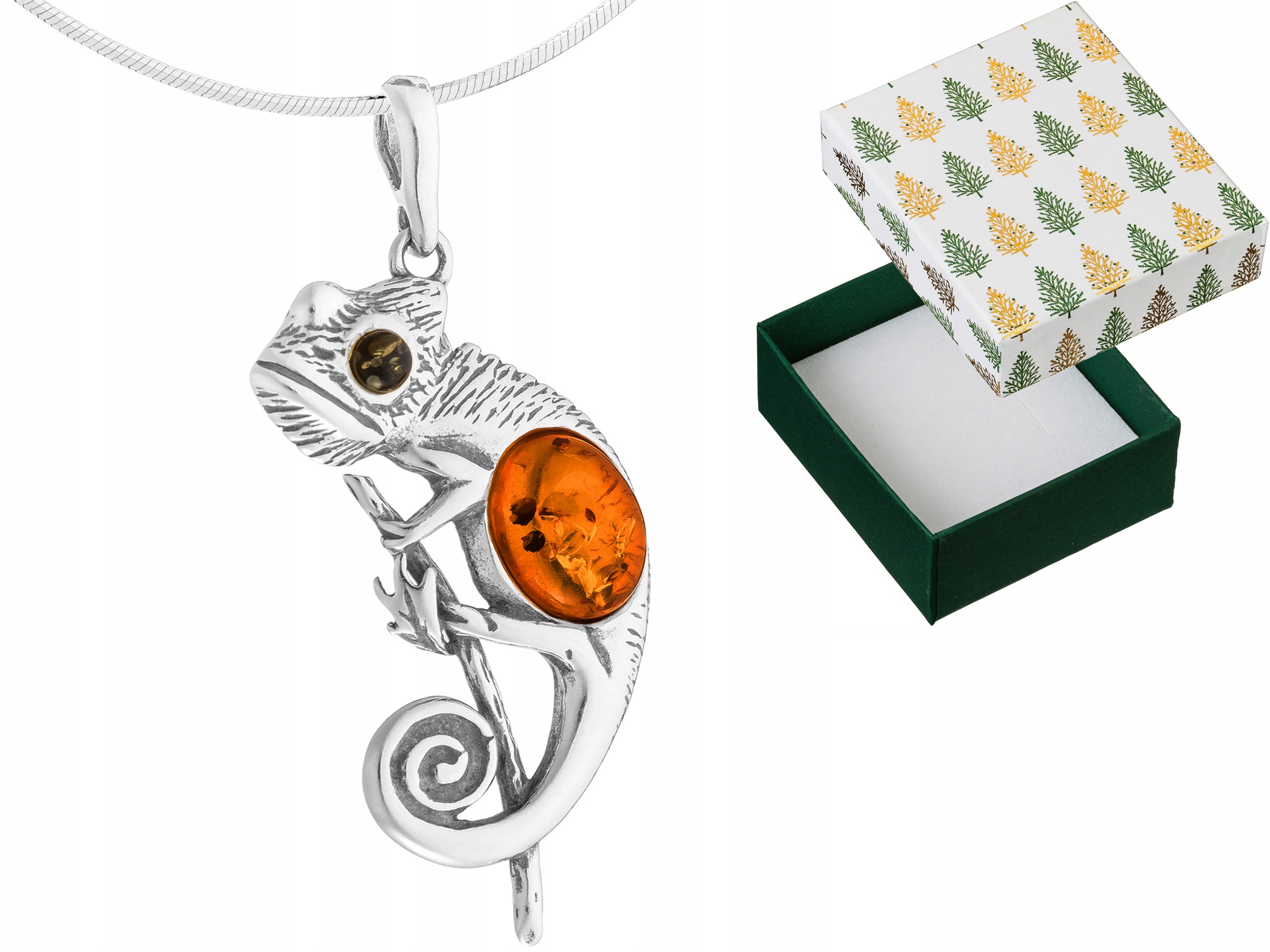 Stříbrný náhrdelník Chameleon Přívěsek s jantarem Přívěsek Řetízek 45 cm