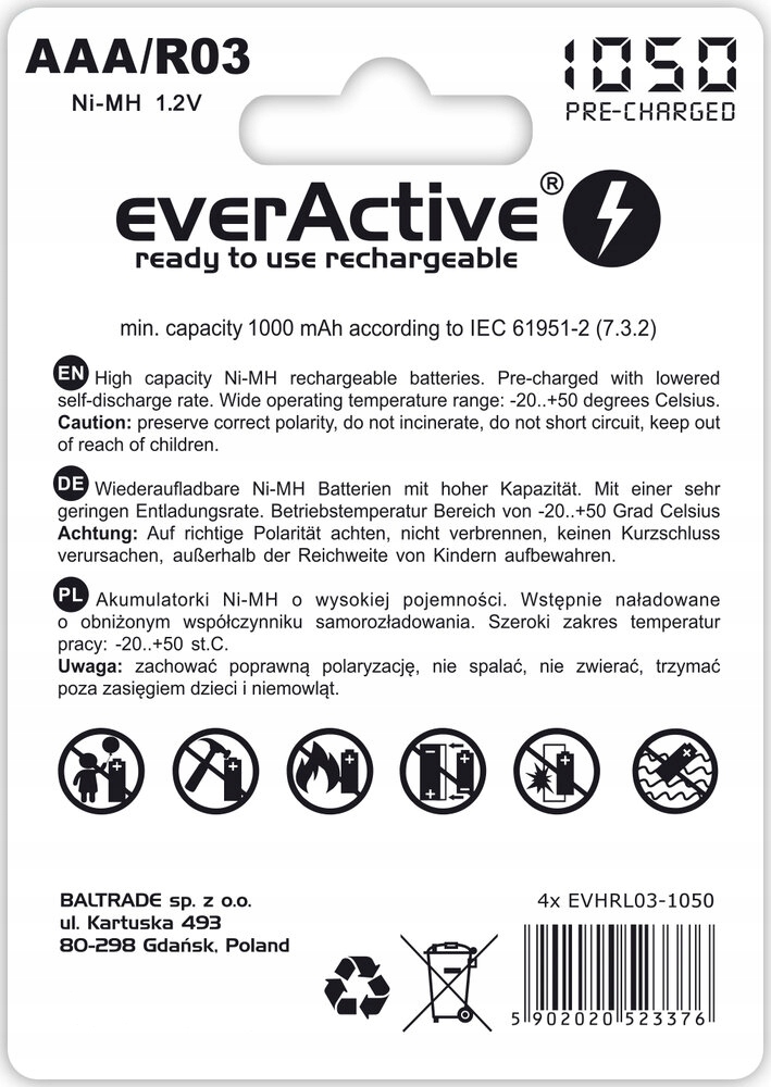 4 AKUMULATORKI BATERIE R03/AAA R3 LR03 LR3 1050 mAh NiMH everActive AKU Stan opakowania oryginalne