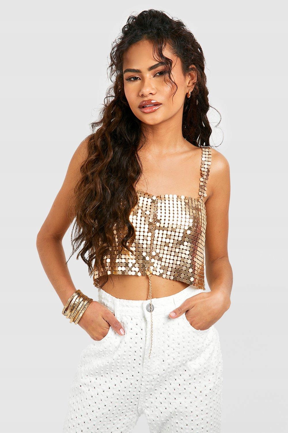 Boohoo złoty cyrkoniowy top na ramiączkach 36 Marka Boohoo