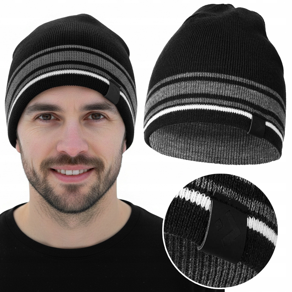 Čepice Pánská s proužky Klasická Podzimní Zimní Teplá Tlustá Moraj Černá