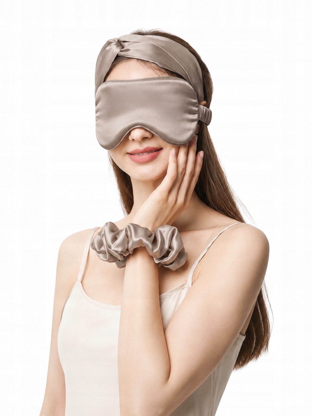 Hedvábná souprava na spaní hedvábí 100% mulberry 6A pásky scrunchie khaki