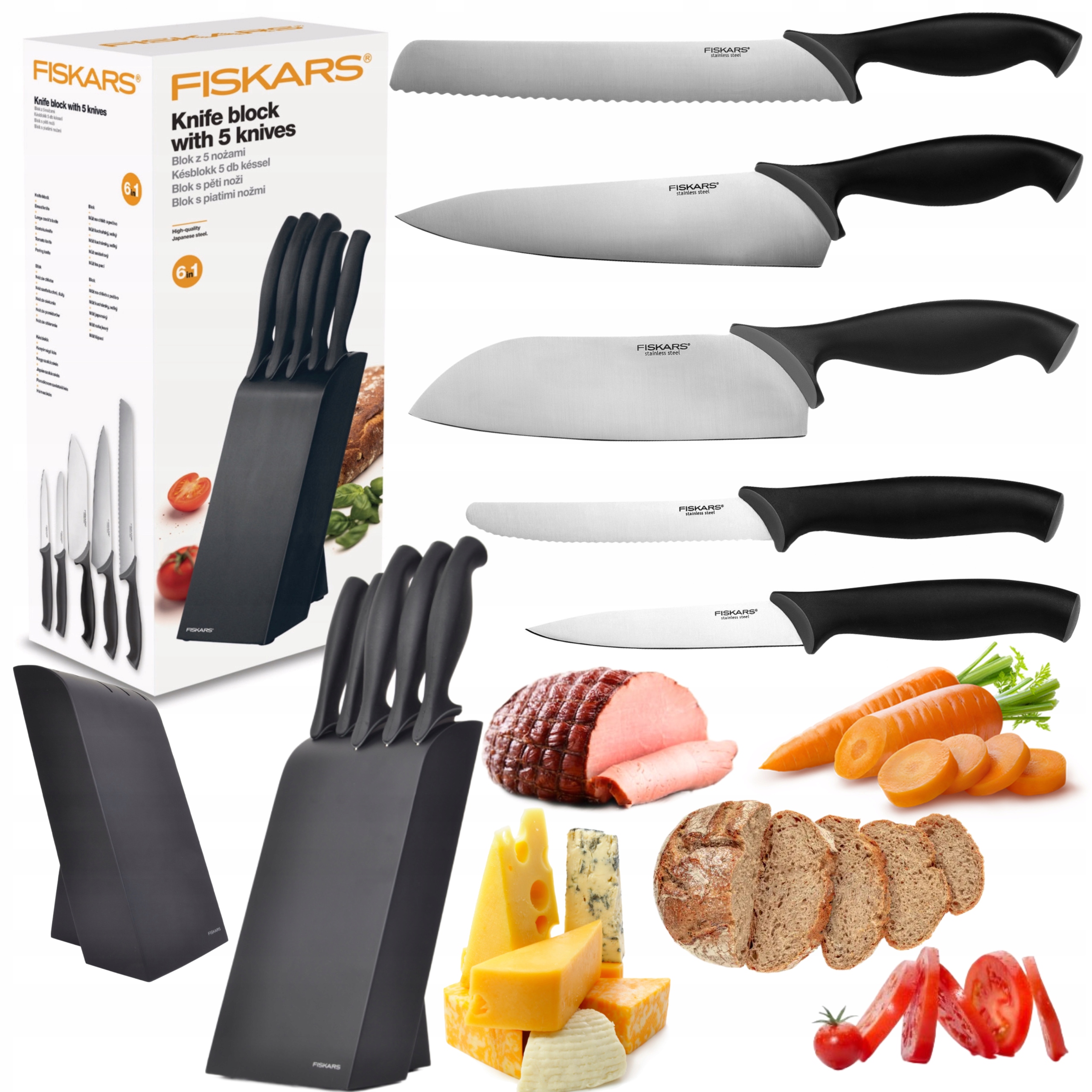 Fiskars Sada 5 Nožov V Čiernom Kuchynskom Bloku, Ostré, Pevné A Pevné