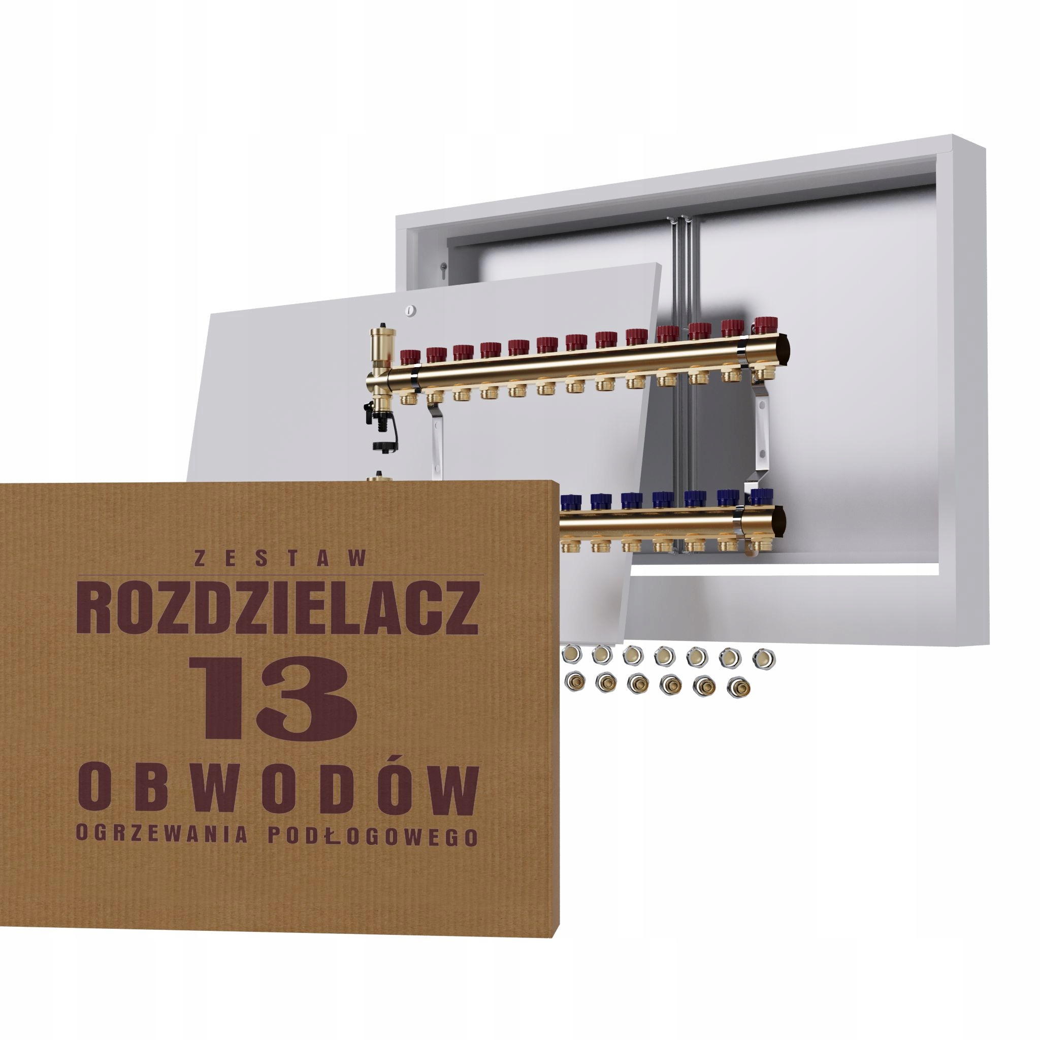 Manuální rozdělovač 13 okruhů pro radiátory nástěnná skříňka Pex