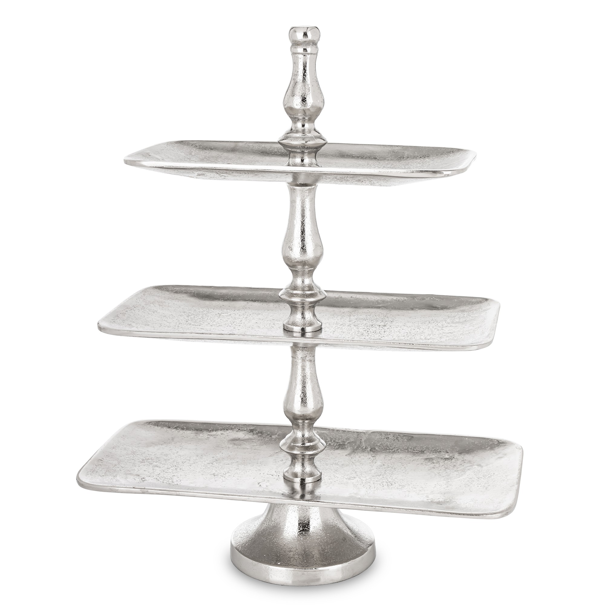 Strieborná vysoká dekoratívna kovová poschodová miska na koláče a ovocie