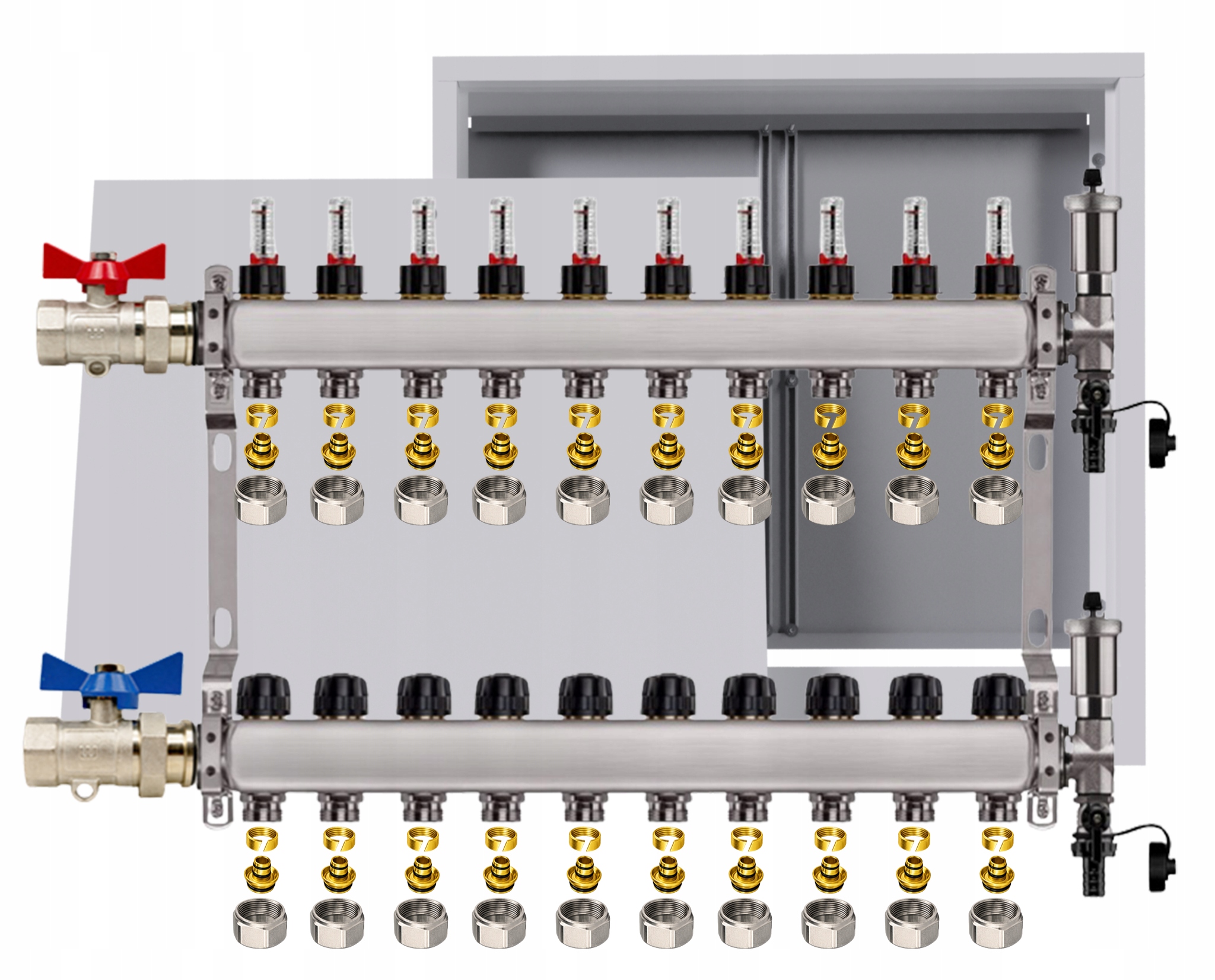 Nerezový rozdělovač pro podlahovku 10 okruhů nástěnná skříňka Pex