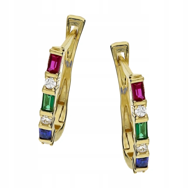 zlaté náušnice 585 s efektními čárkami a barevnými zirkony 1.75
