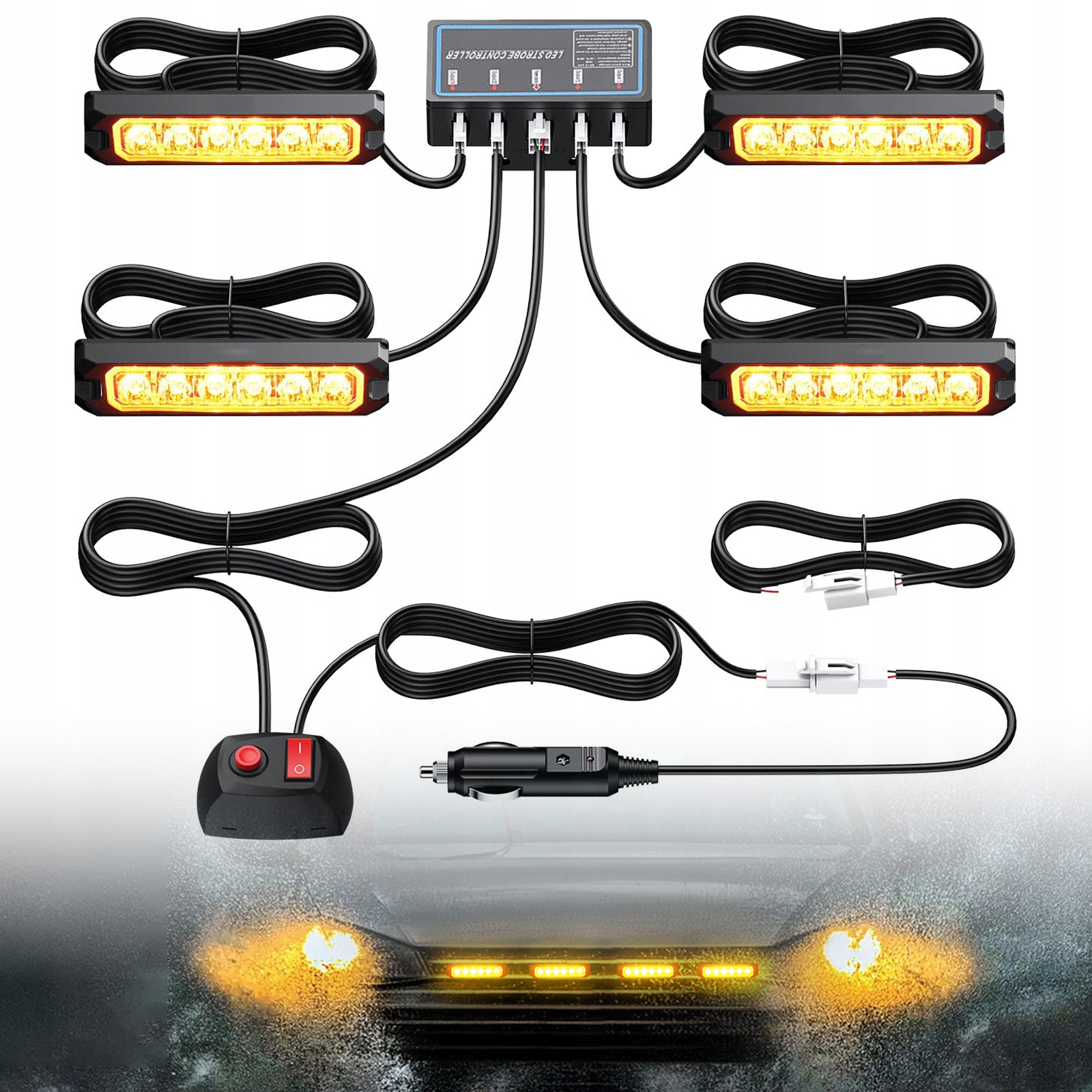 4x Stroboskopická Výstražná Světla Led Lampa Oranžová Pomoc Autopřepravník