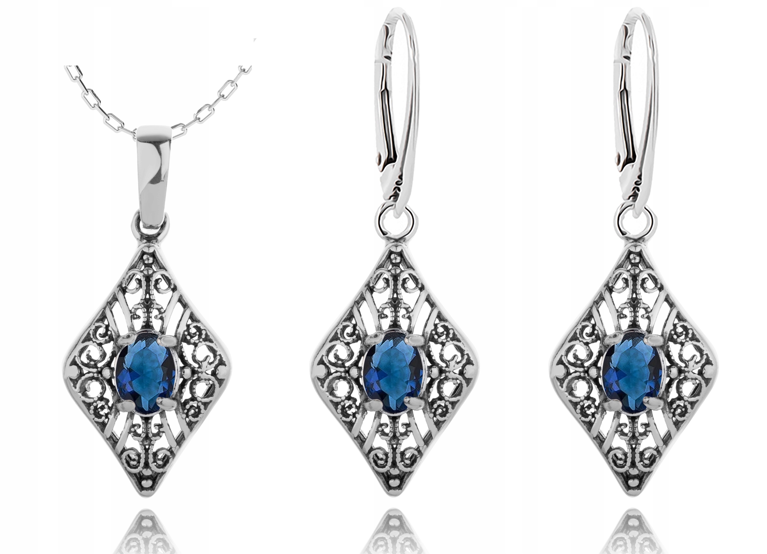 

Komplet Ażurowej Biżuterii Niebieskie Cyrkonie 925