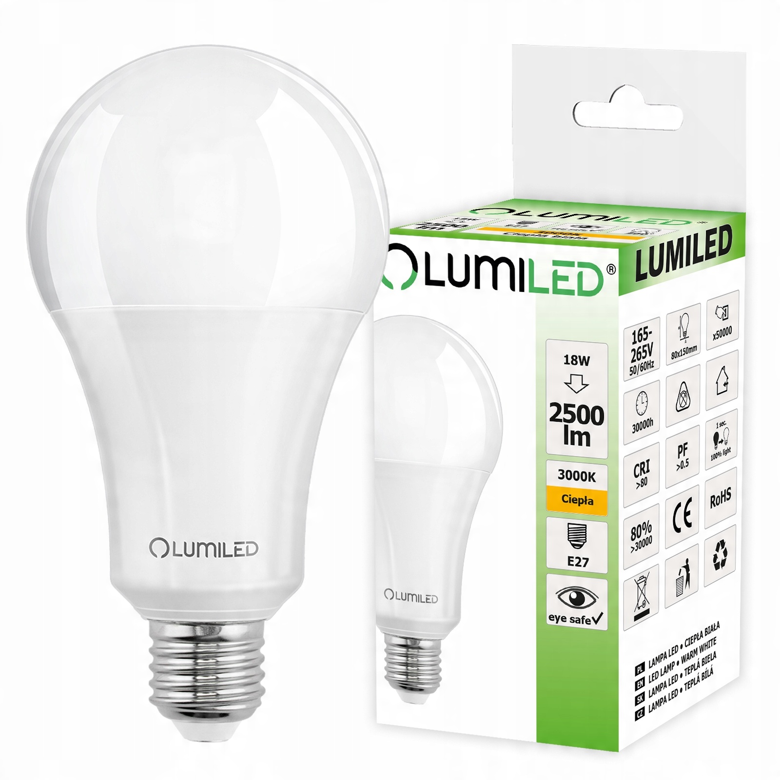 

Żarówka Led E27 18W 180W 2500lm Lumiled 3000K 260s