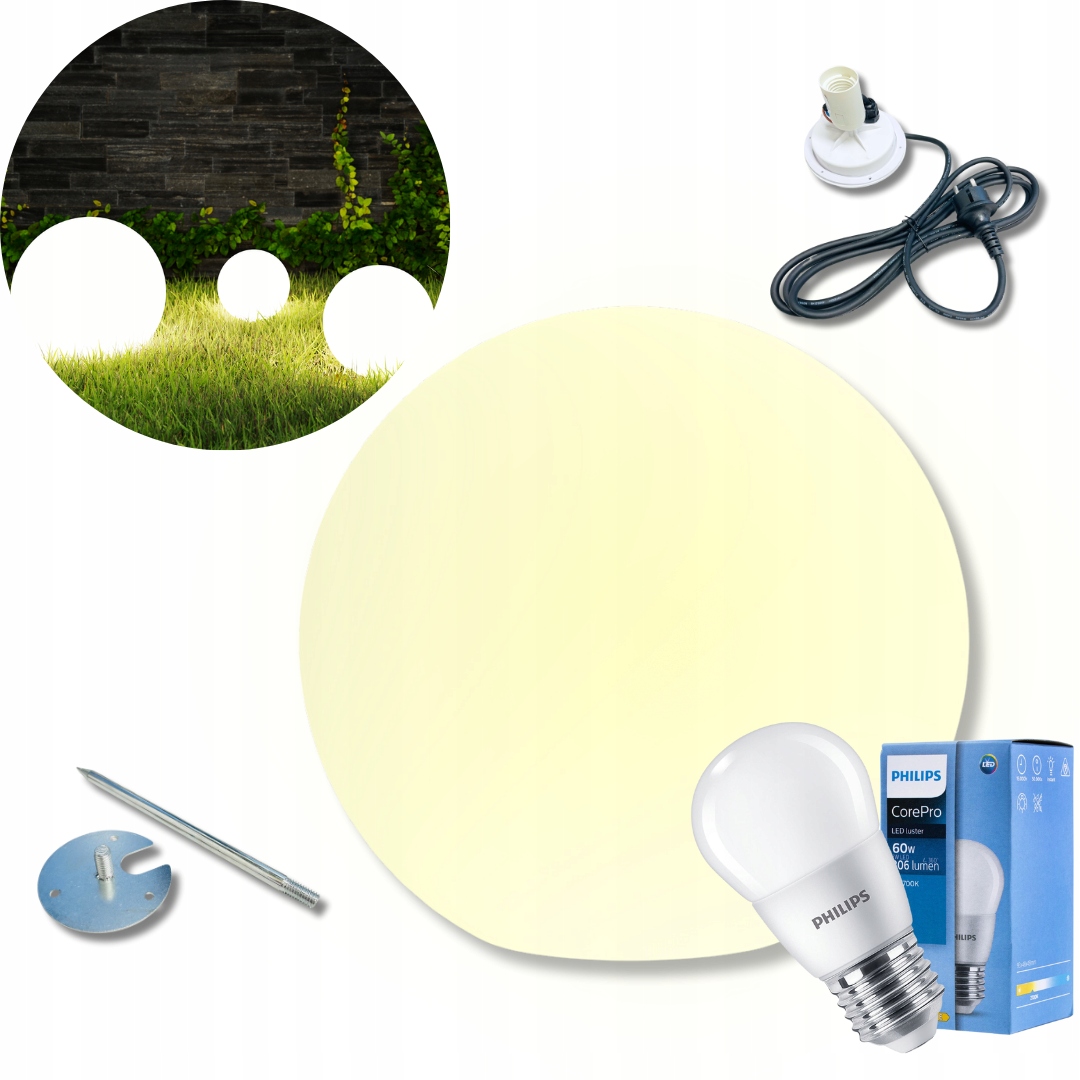 Kula ogrodowa E27 Fi 40cm Przewód 3m Żarówka Philips 7W Ciepła Plastik