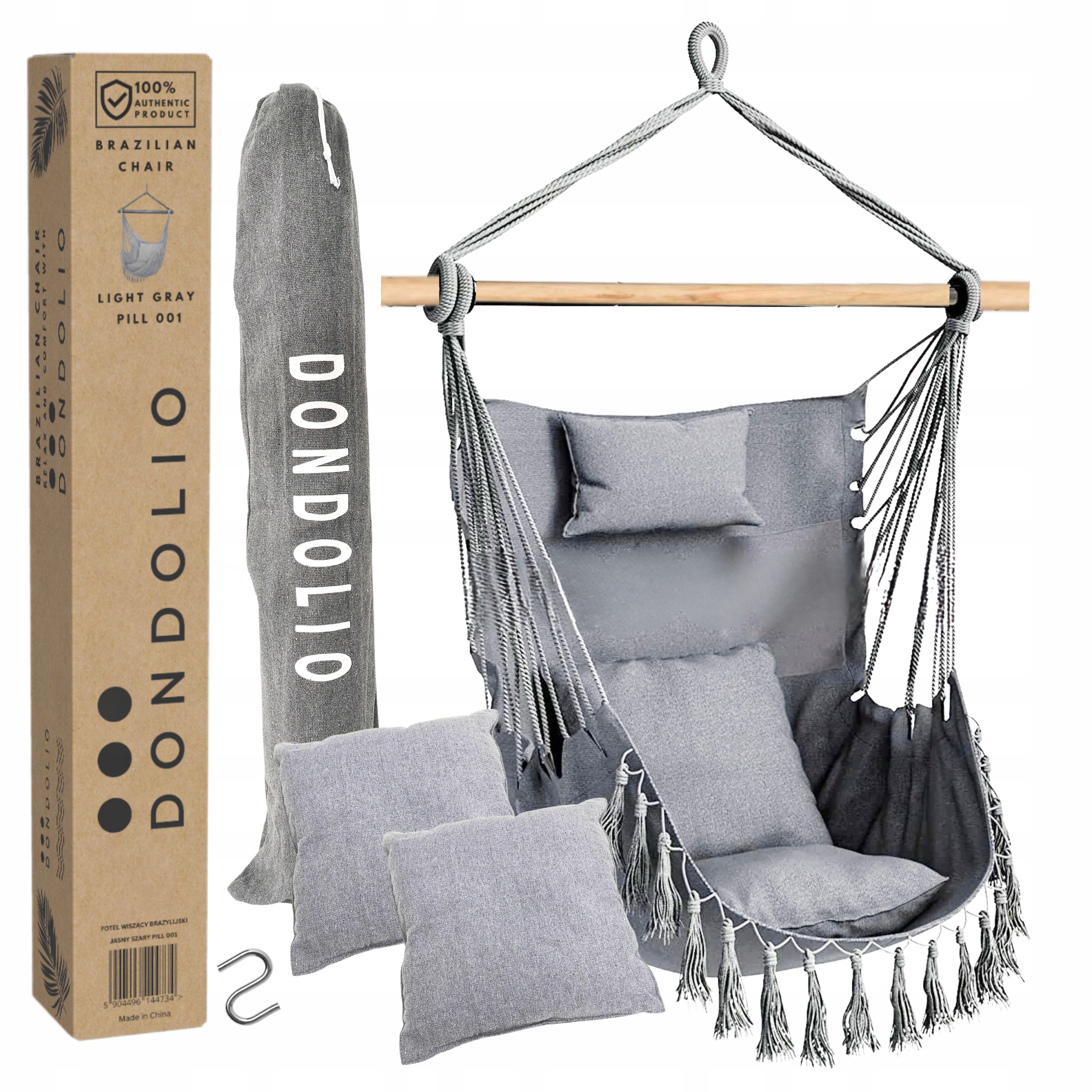 Fotel Wiszący Brazylijski Ogrodowy Boho Poduszki Hak Pokrowiec Jasny Szary