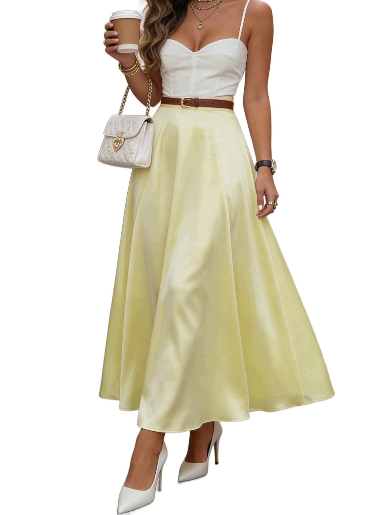 Shein Žlutá Saténová Sukně Rozkládací Elegantní Na Léto 1MA