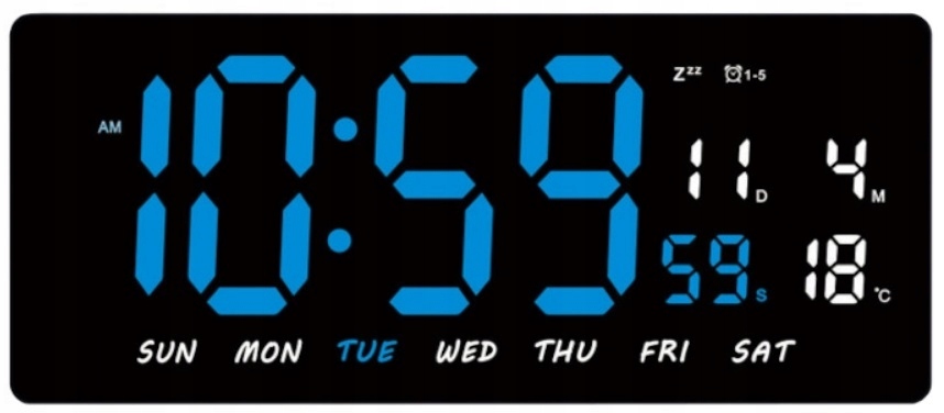 ZEGAR ŚCIENNY ELEKTRONICZNY CYFROWY DUŻY KALENDARZ N