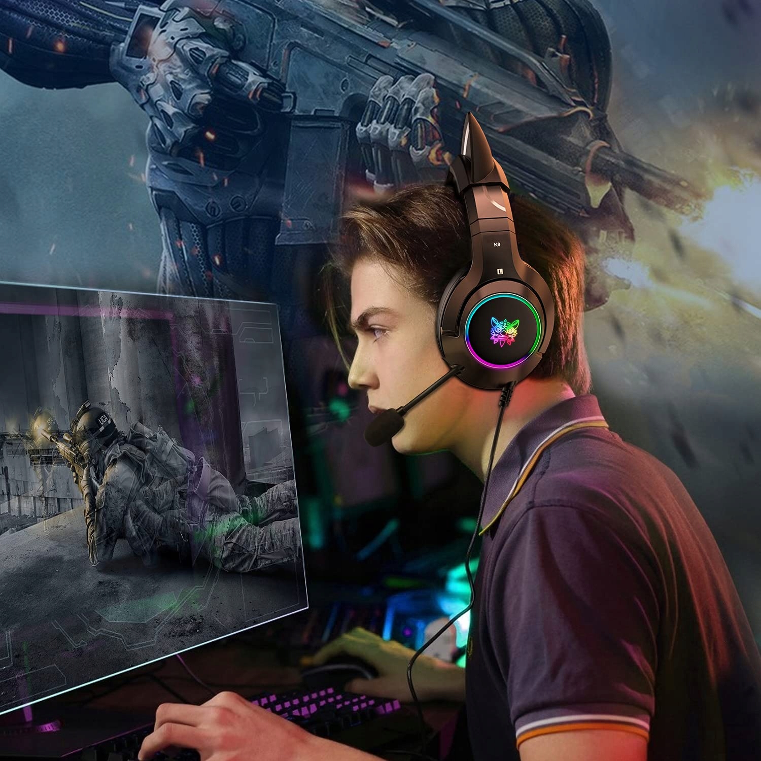 PHNIXGAM Słuchawki Gamingowe Dla PS4 PS5 Xbox PC RGB Surround Czarne — miniatura 6