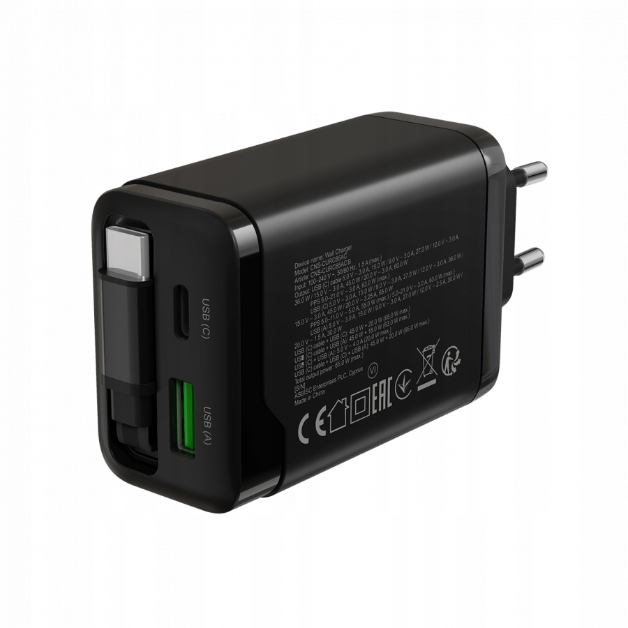CANYON charger OnCharge 65RC Build-In Cable USB-C 65W 1xPD 1xQC EU Black — 14