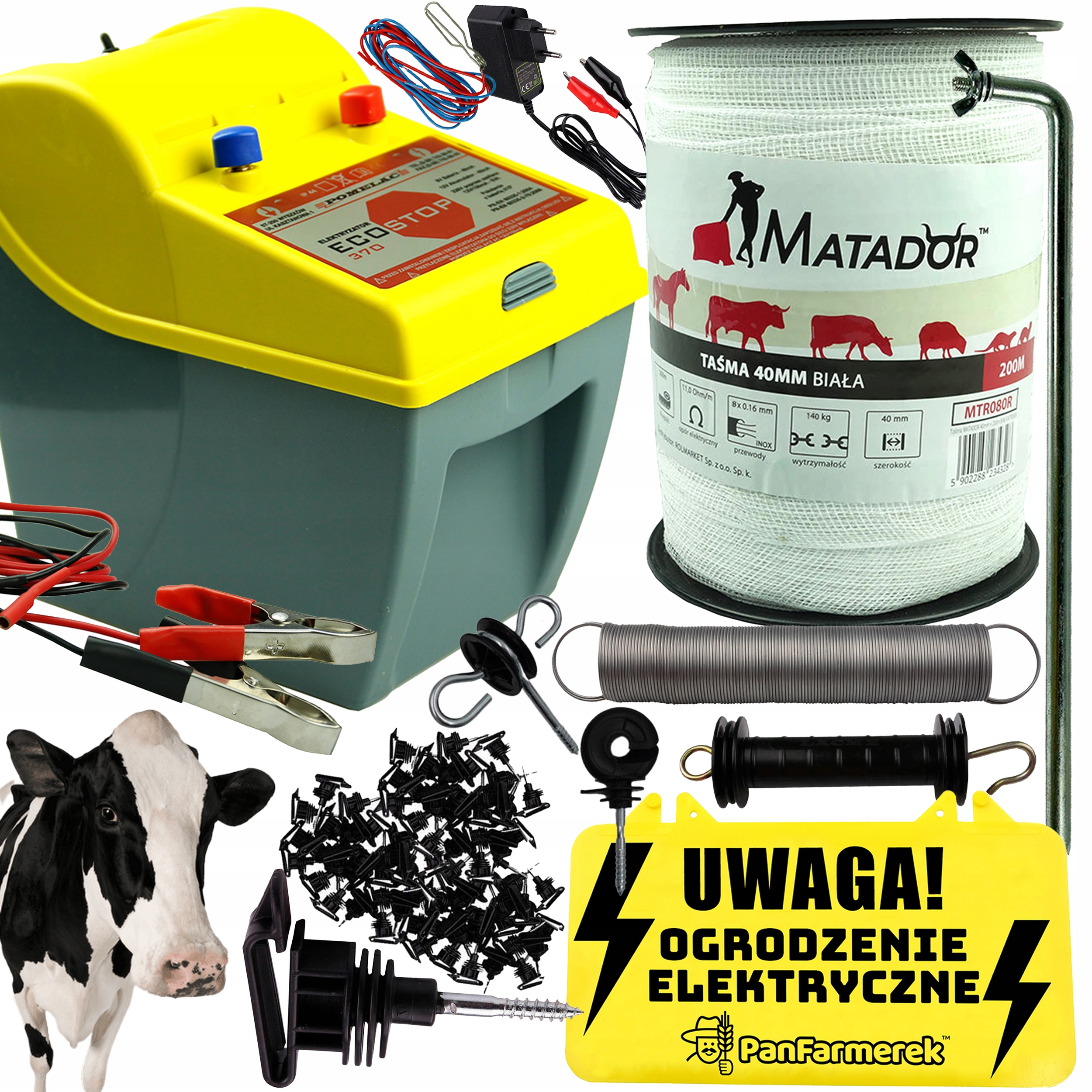 PASTUCH ELEKTRYCZNY KOMPLETNY ZESTAW taśma 40mm ELEKTRYZATOR 0,4J NA KONIE