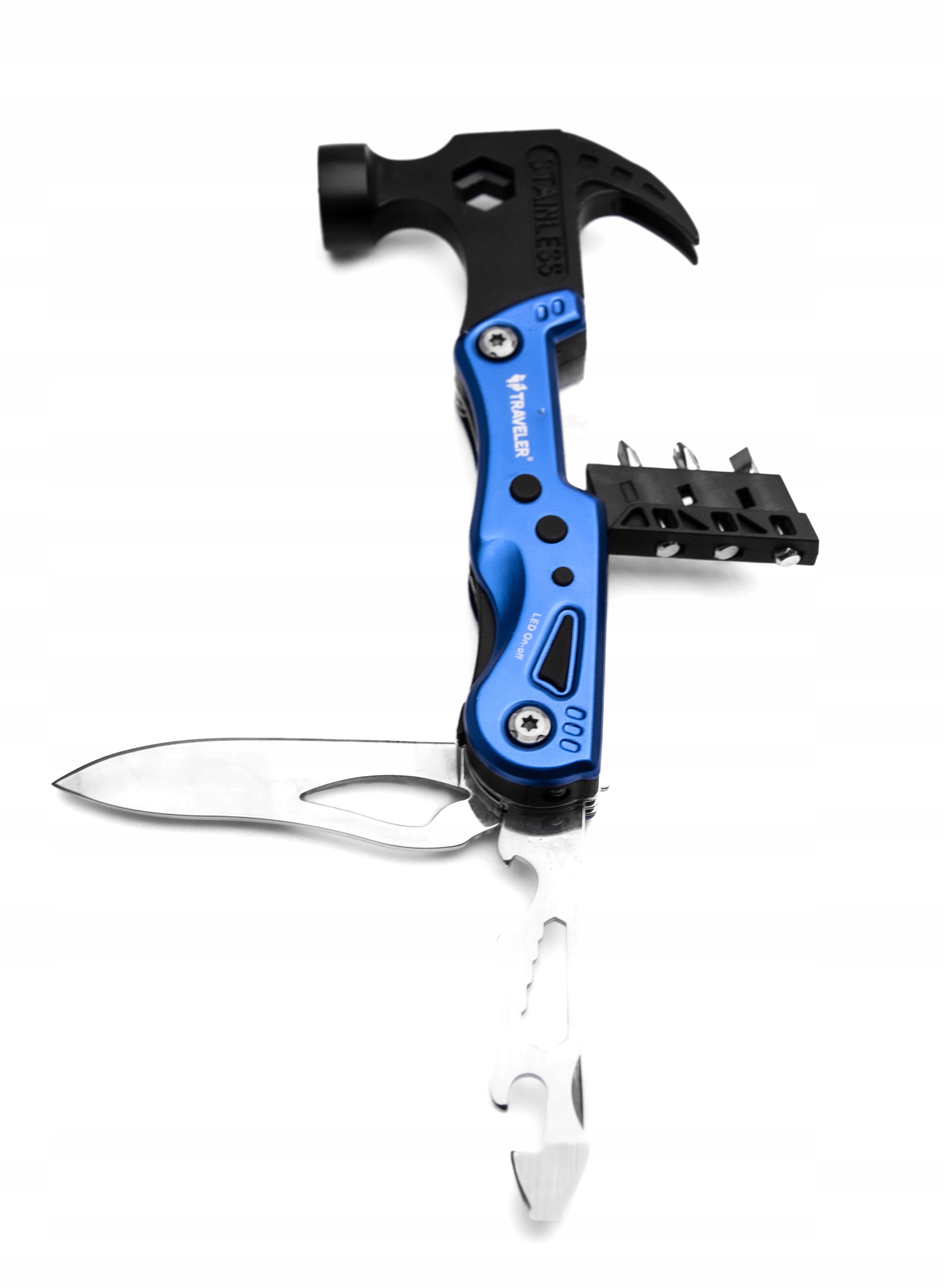 Multitool Traveler Nůž Svítilna Kladivo Bity Pouzdro