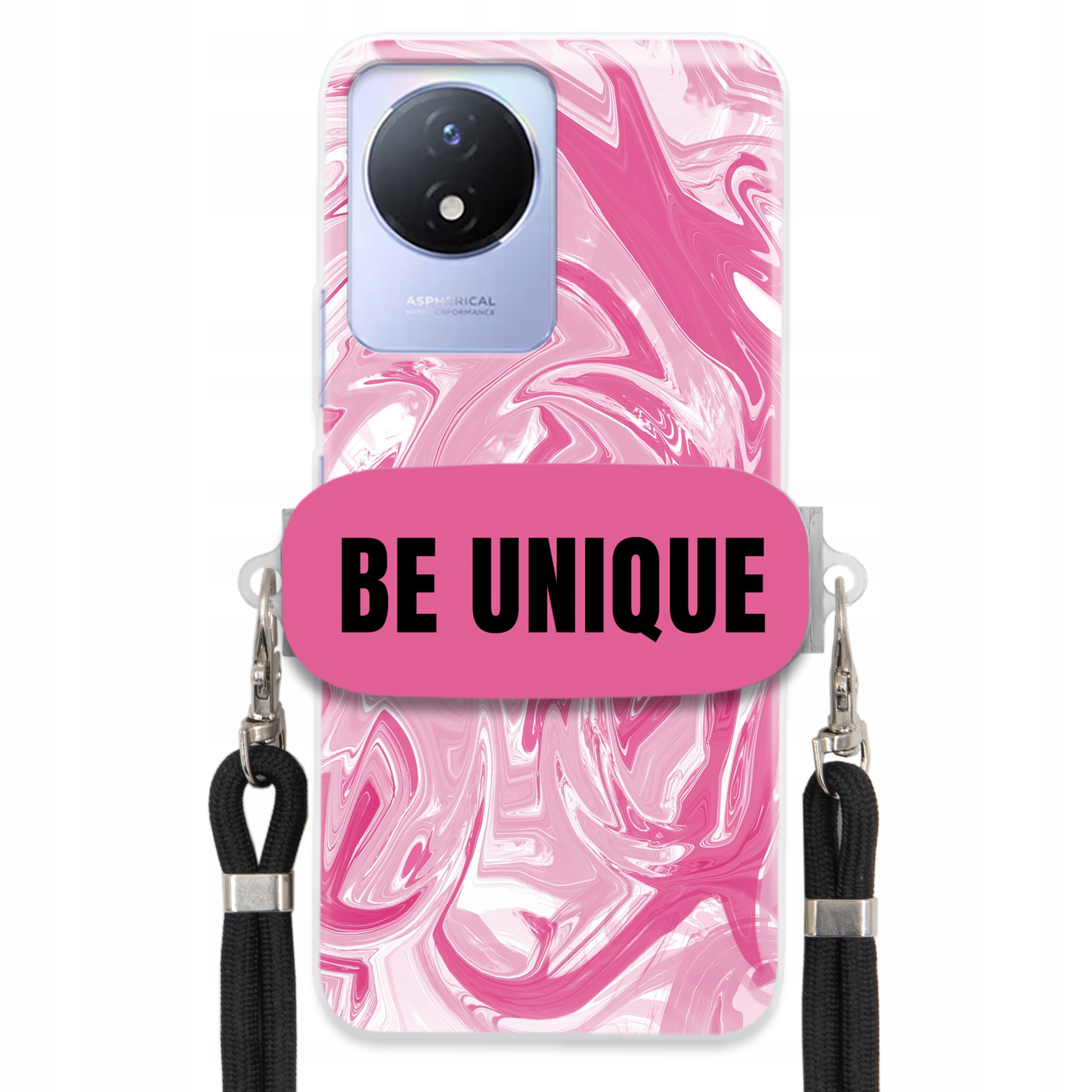 Puzdro pre Vivo Y11 2023 Case držiak na šnúrku Čierna Ružová Mramor Be Unique