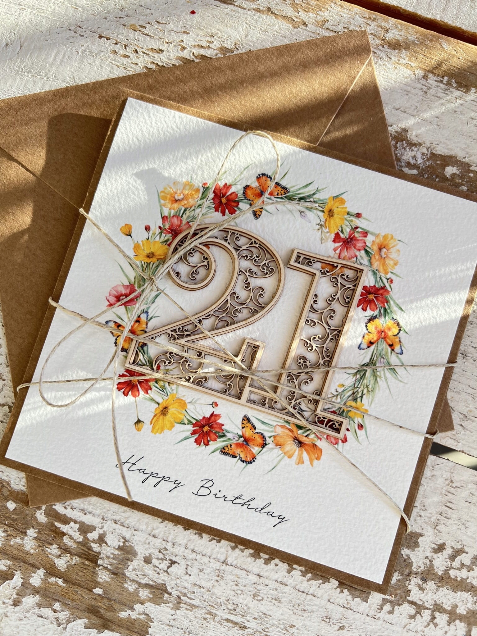 Ručně vyrobená kartička k 21. narozeninám Happy Birthday