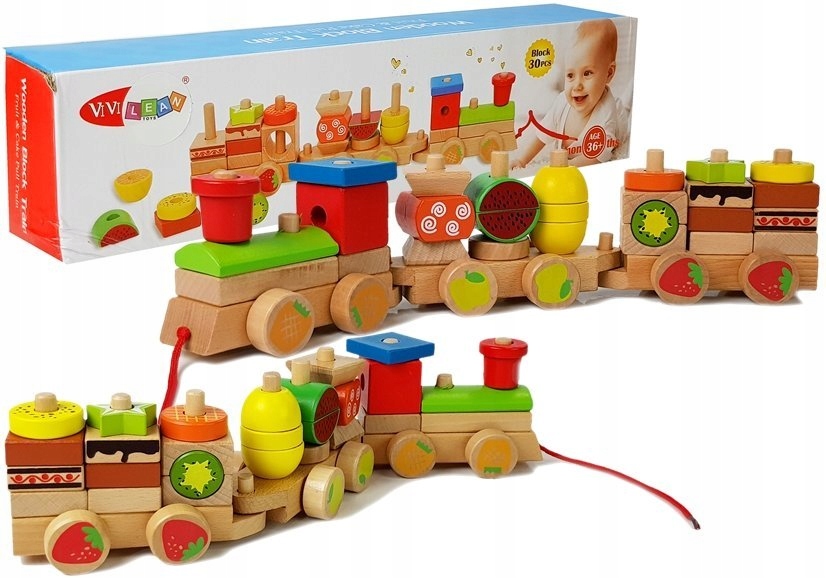 

Drewniany Pociąg Klocki Owoce 30 El. 42 CM