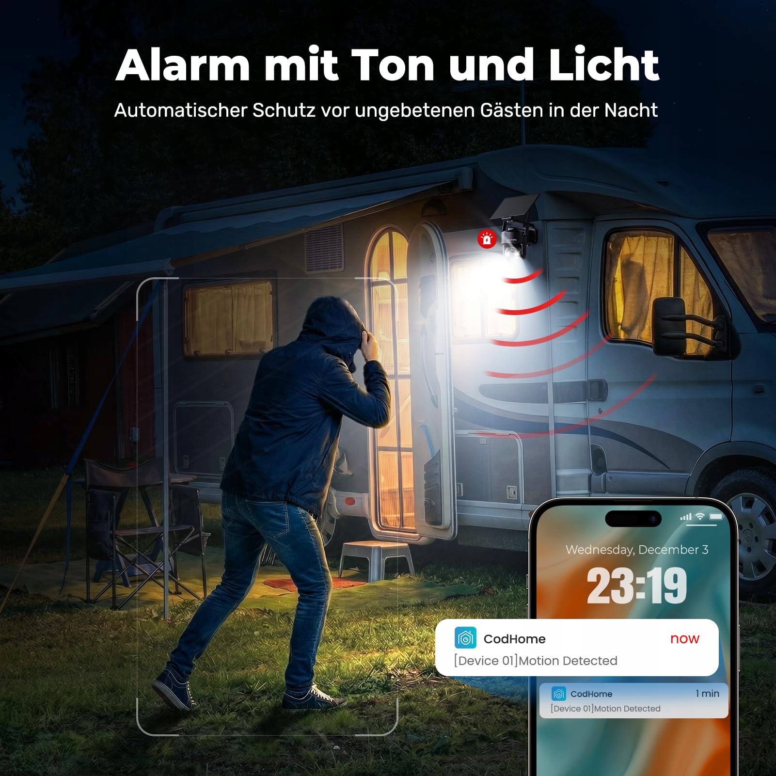 CODNIDA Kamera Zewnętrzna 4G LTE z SIM 3MP HD 9000mAh IP65 Audio PIR — miniatura 6