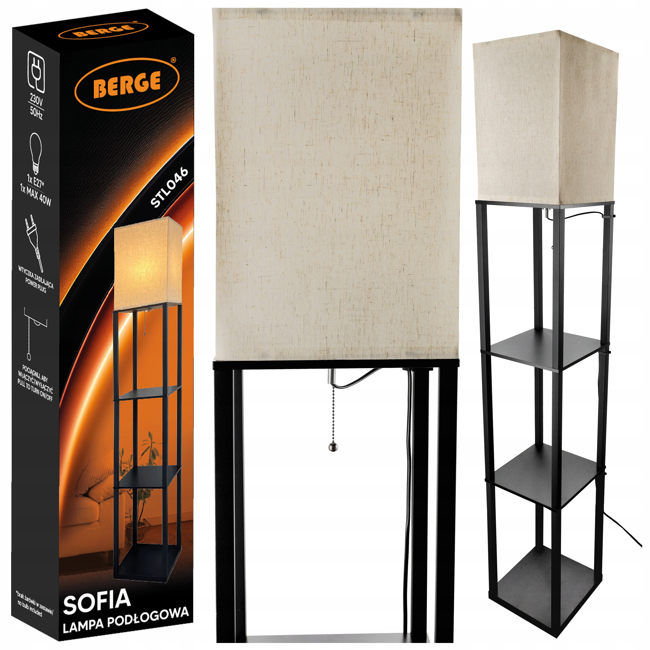 Lampa Stojąca Podłogowa Półka Regał Do Przechowywania 2w1 Czarna Led E27