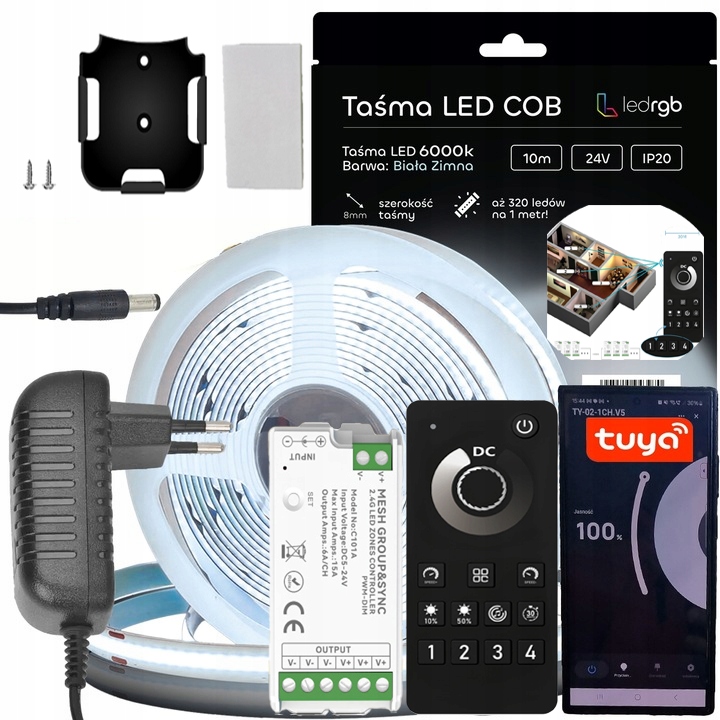 Sada Led pásků Cob 24V 10 m Bílá Z. 6000K Napájecí Zdroj Tuya Wifi S