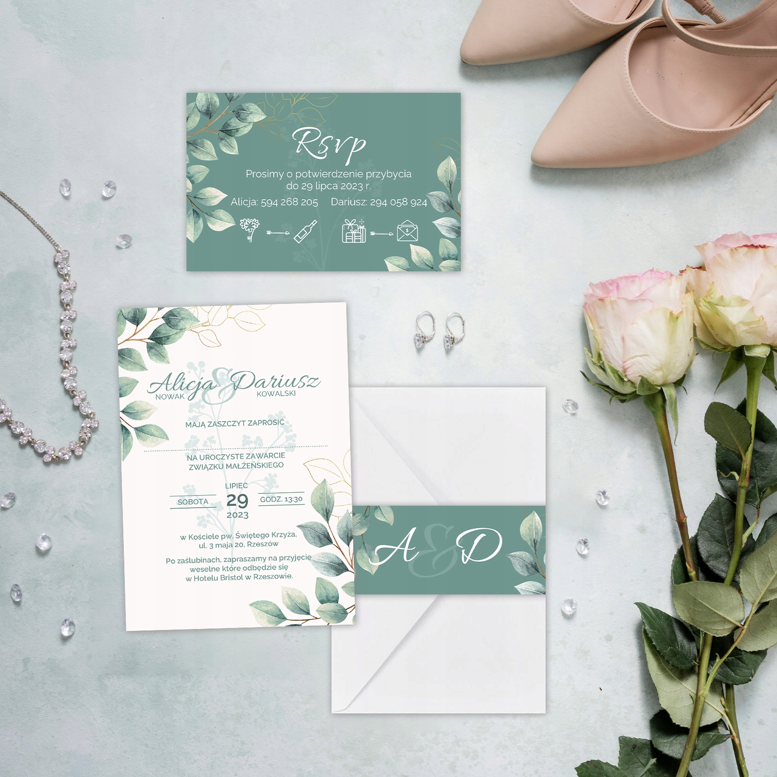 ZAPROSZENIE ŚLUBNE RSVP KOPERTA OPASKA ZIELONE Z2 Marka Wyczaruj Prezent