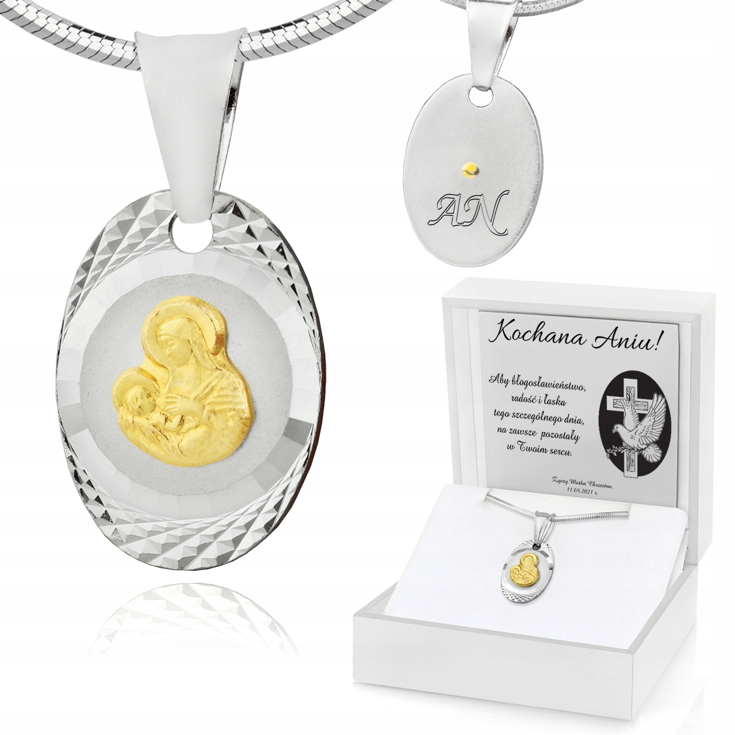 SREBRNY MEDALIK 925 łańcuszek Chrzest GRAWER