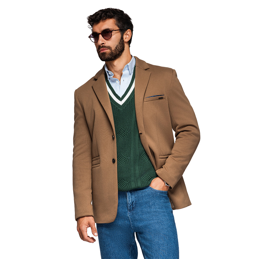 Pletená pánská sako s přiléhavým střih světle hnědá V4 OM-BLZB-0100 XXL