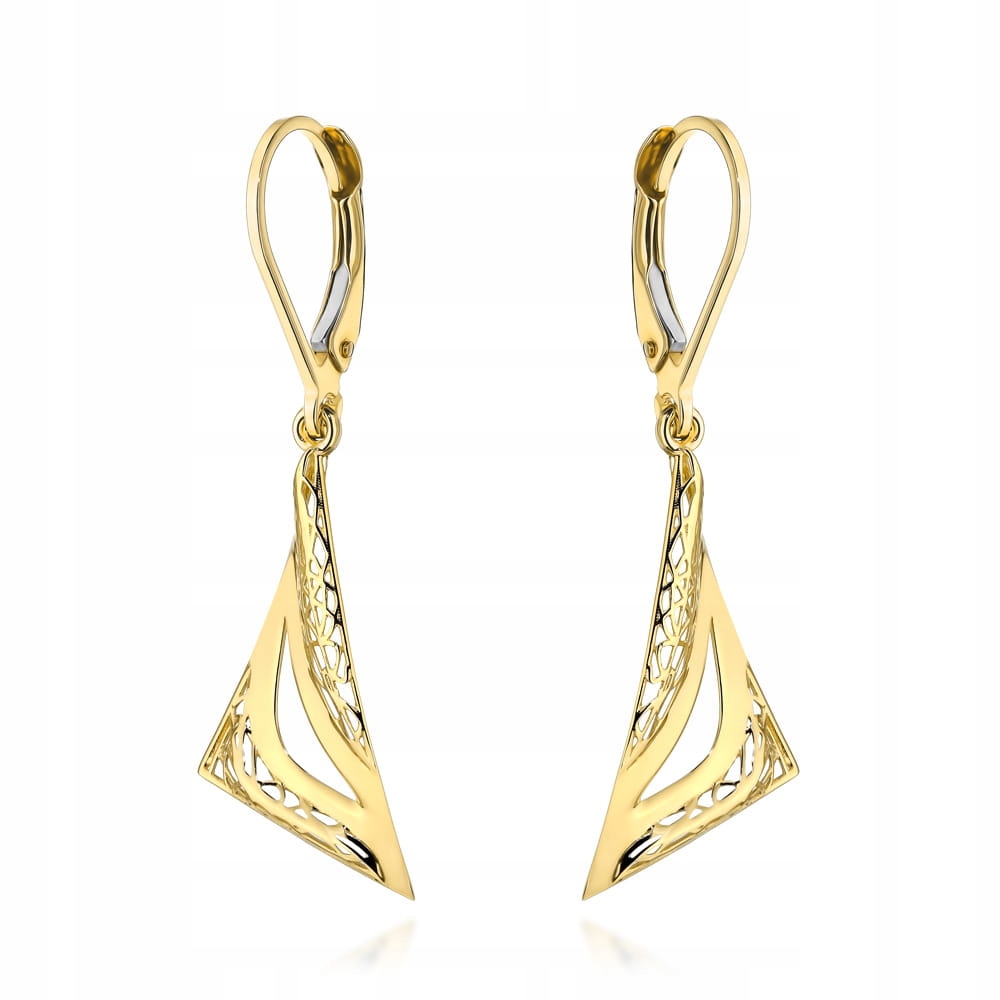 Zlaté 585 náušnice trojúhelníky a ažurový krásný dárek pro milovanou osobu k výročí