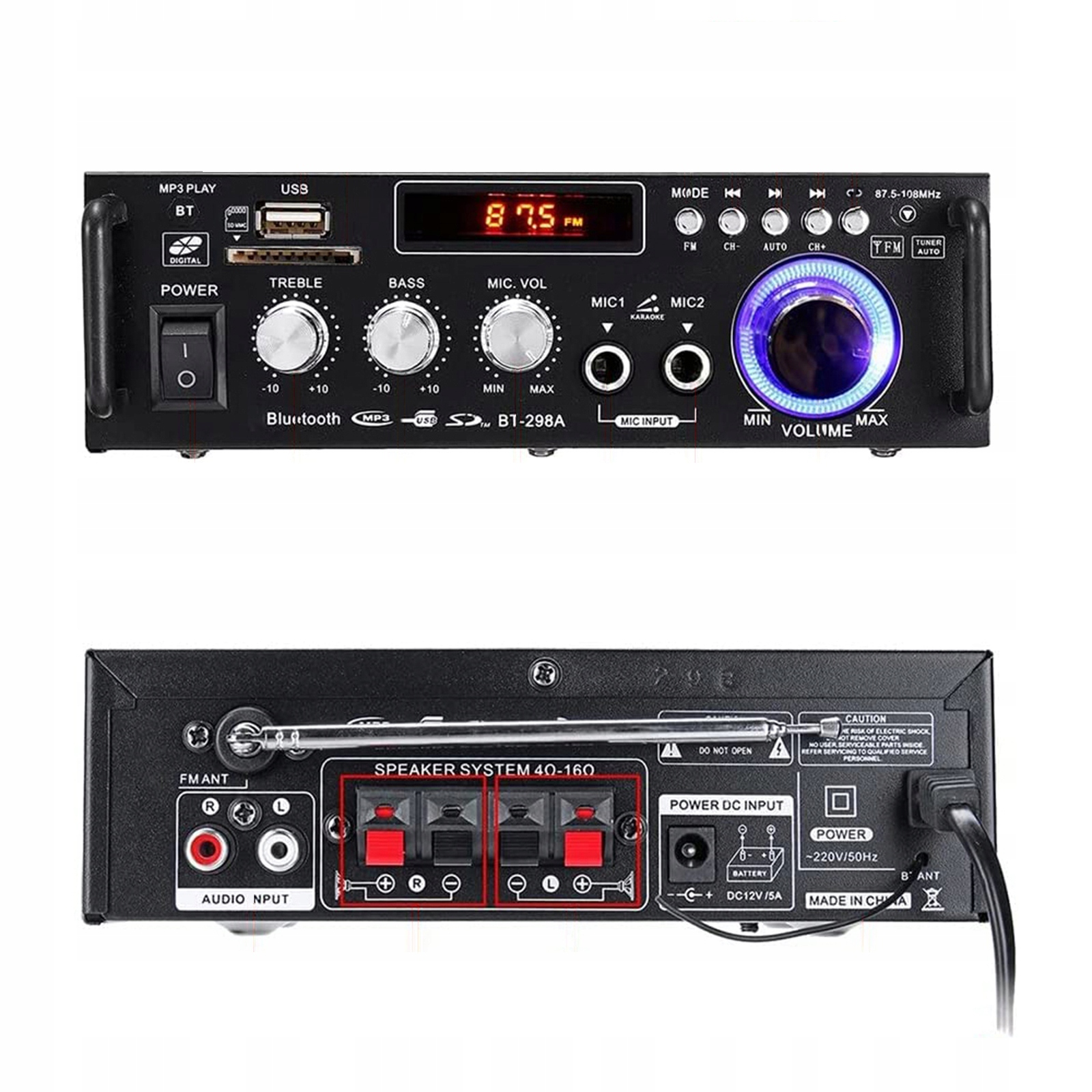 MINI WZMACNIACZ STEREO AUDIO HIFI 300W+300W ODTWARZACZ FM BT5.0 + PILOT Funkcje tuner FM