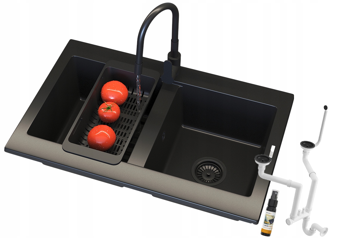 Granitový Dřez Černý Kuchyňský Verso Baterie Košík Sifon