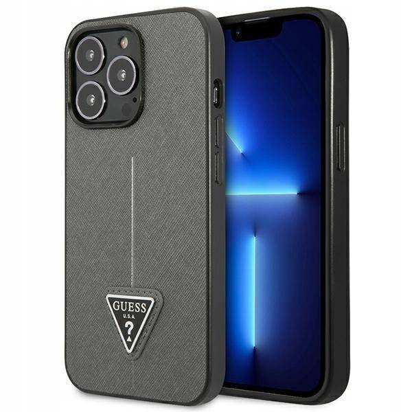 Pouzdro pro iPhone 14 Pro Guess Hardcase Saffianotriangle Logo stříbrný