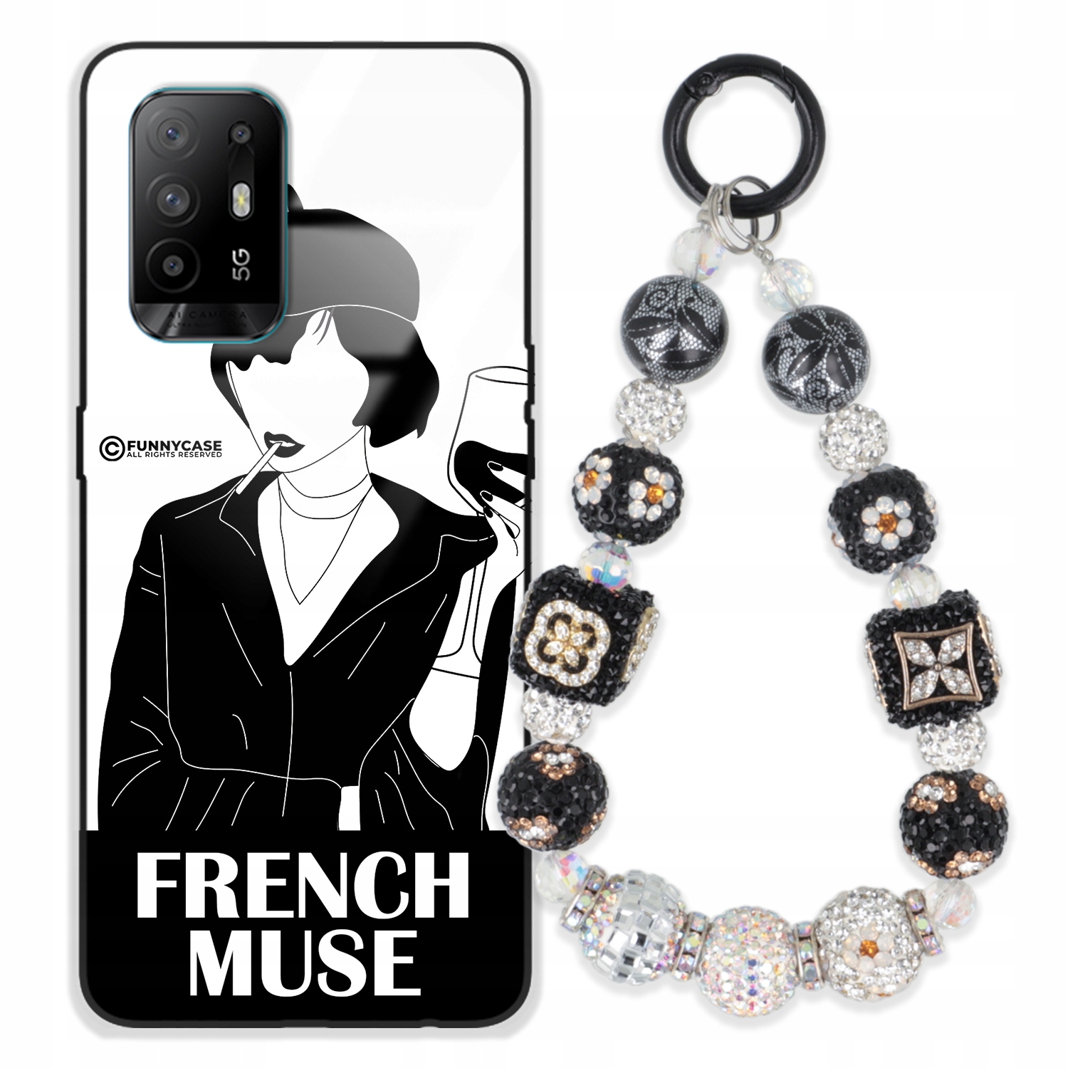 Puzdro Na Oppo A95 4G Sklo Ženské Čierno-biele Kľúčenka Strieborné Zirkóny