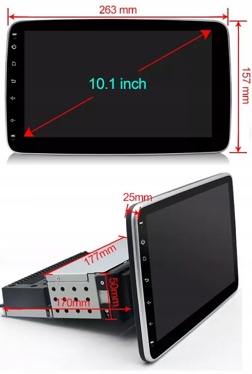RADIO 1 DIN 10.1 CALA ANDROID + KAMERA W RAMCE Złącza RCA Pre-out (przedwzmacniacz) RCA Sub-out (subwoofer) USB