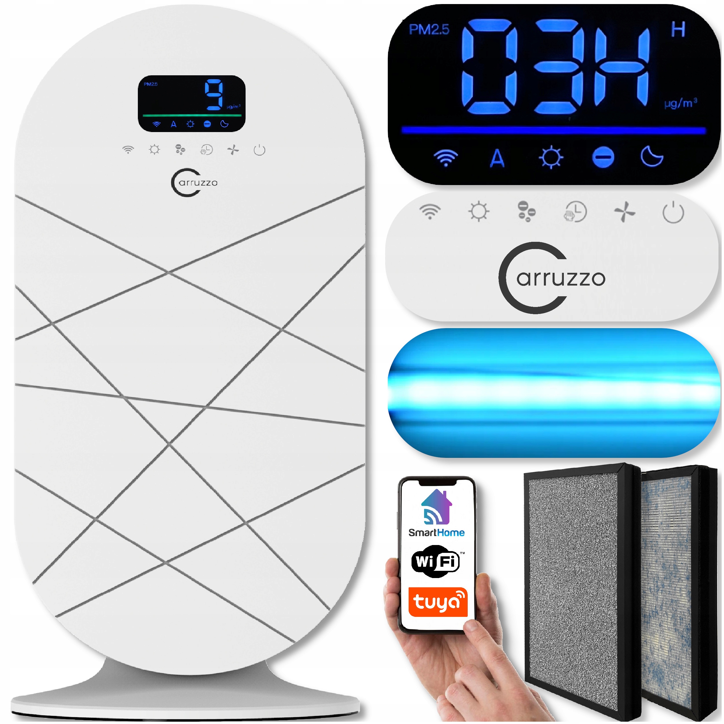 Oczyszczacz powietrza Duży Mocny Cichy Smart Wifi Filtr Hepa Uv Jonizacja